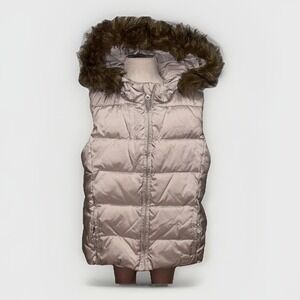 GAP Kids XL Silver Gray Primaloft Hooded Puffer Vest Faux Fur Trim 12-13